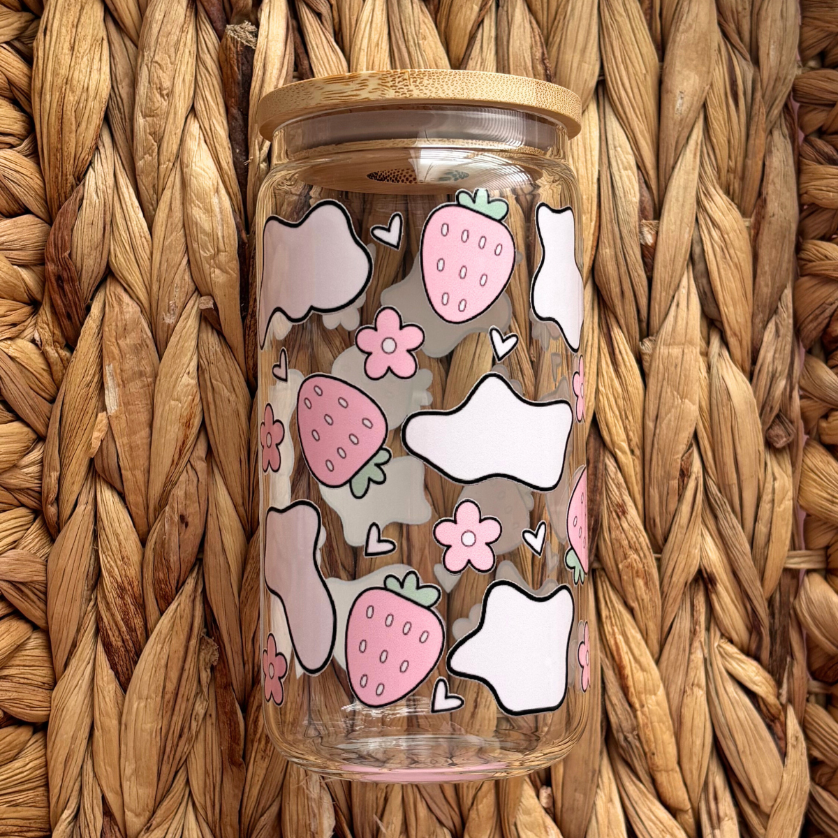 Strawberry Cow Print Clear 16 oz. Glass Cup