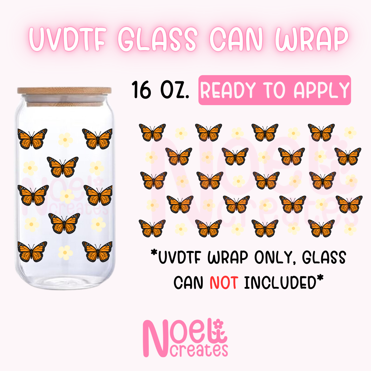 Butterfly UV DTF 16 oz. Glass Can Wrap