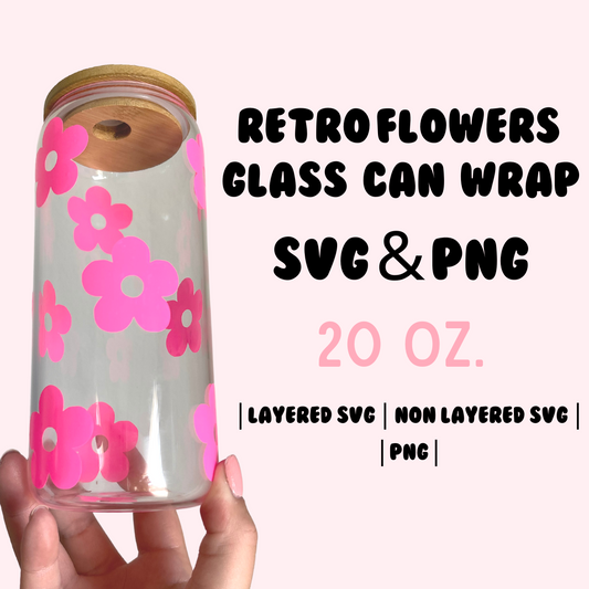 Retro Flowers 20 Oz. Glass Can Wrap SVG & PNG